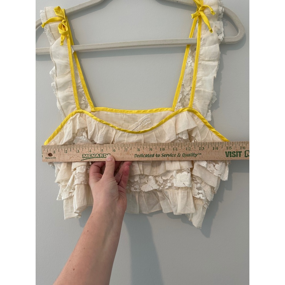 Kimchi Blue Cream Ruffle Lace Crop Tank Top with Yellow Trim and Bows - Picture 6 of 6